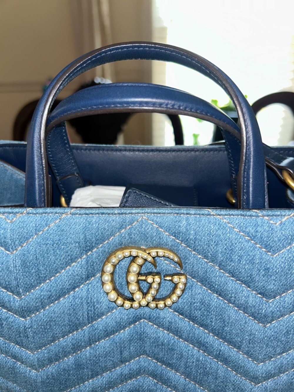 Gucci Light Blue Denim Top Handle Satchel with Pearl GG - Picture 4 of 8